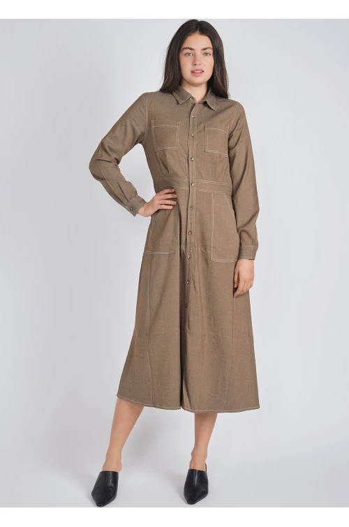 Everyday Camel Dress with Collar & Pocket Accents