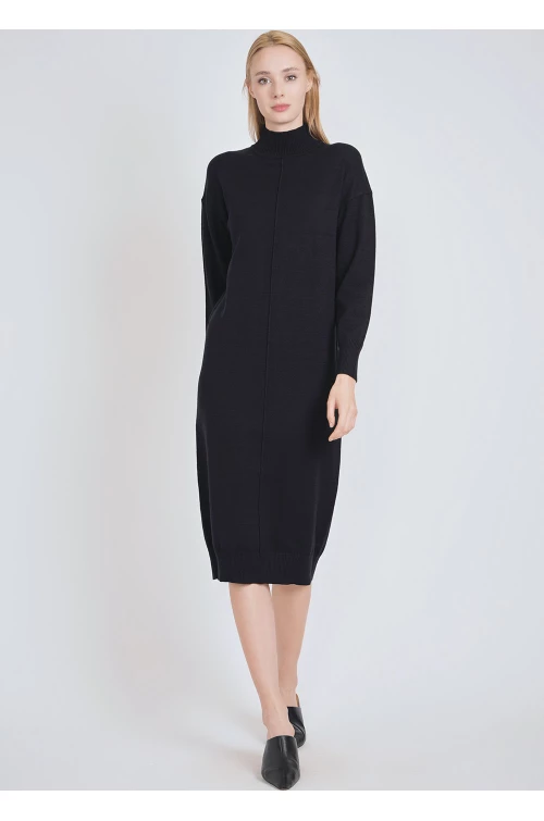Black Beauty: Dress with Ribbed Features & Elevated Neck
