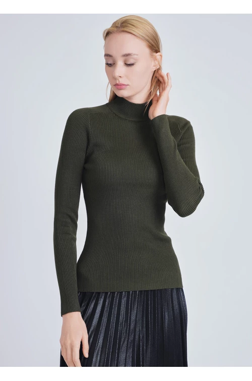 Classic Olive Close-Fit Ribbed High Neck Sweater