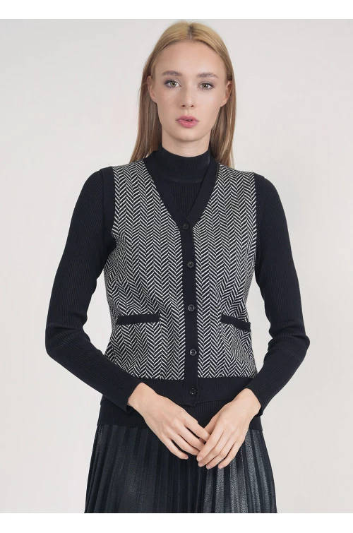 Graphic Play: V-Neck Vest in Black & White Zig Zag