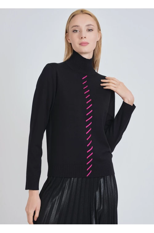 Black Sweater with High Neck & Pink Front Accent