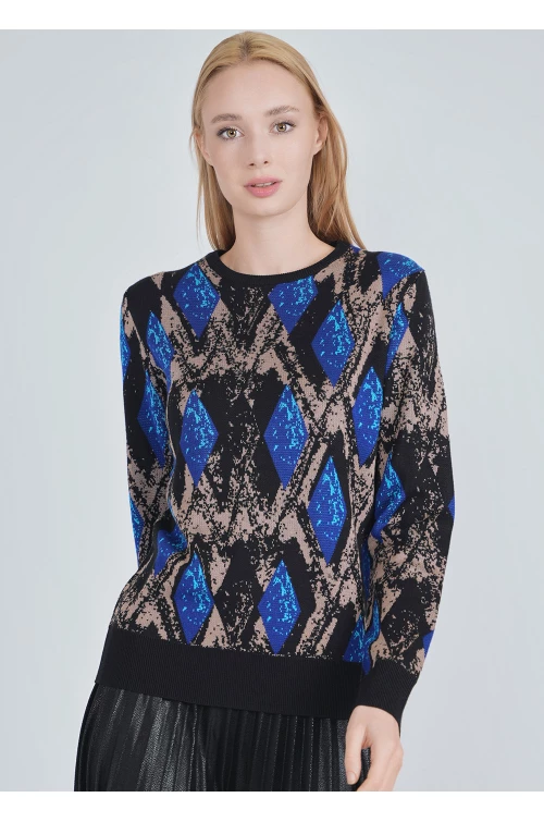Knit Top with Blue Diamond Motifs