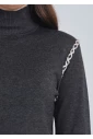 Cozy Grey Knit: Sweater with Color Block Patterns & Embroidery