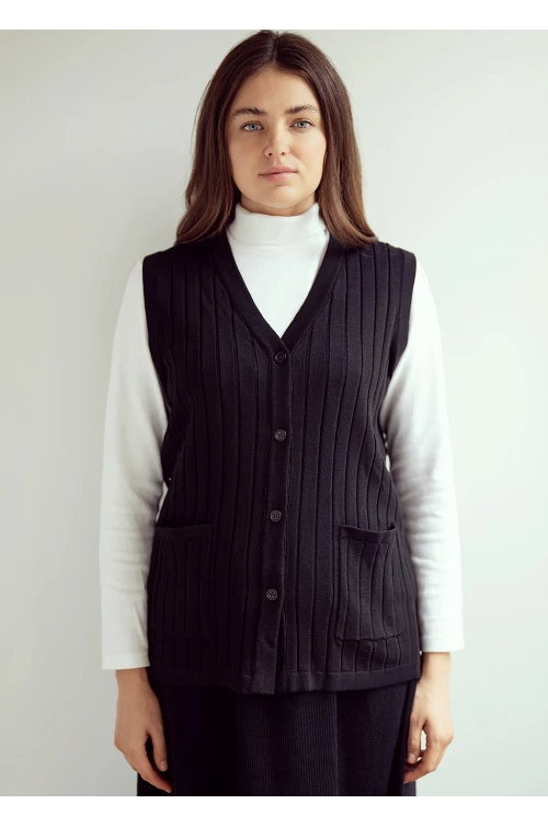 Black Ribbed Daywear Vest with Button Fastening