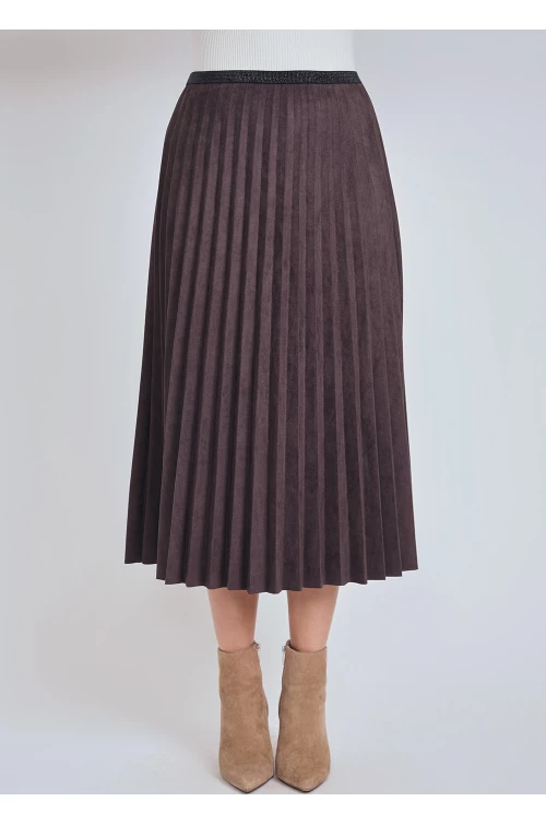 Dark Brown Pleated Suede Midi Skirt