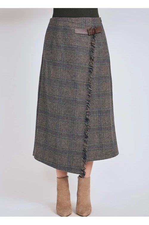 Asymmetric Allure: Checkered Grey Midi Skirt