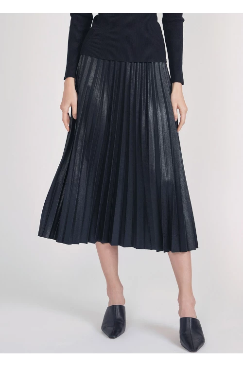 Subtle Shine Black Pleated Midi Skirt