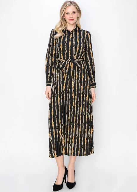 Black & Gold Pleated Dress with Belt