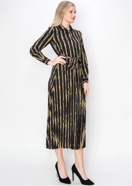 Black & Gold Pleated Dress with Belt