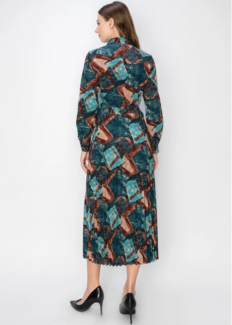 Abstract Turquoise Pleated Midi Dress