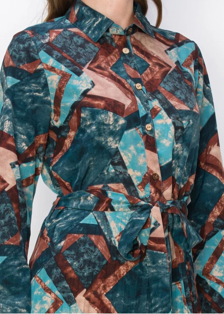Abstract Turquoise Pleated Midi Dress
