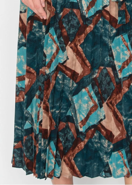 Abstract Turquoise Pleated Midi Dress