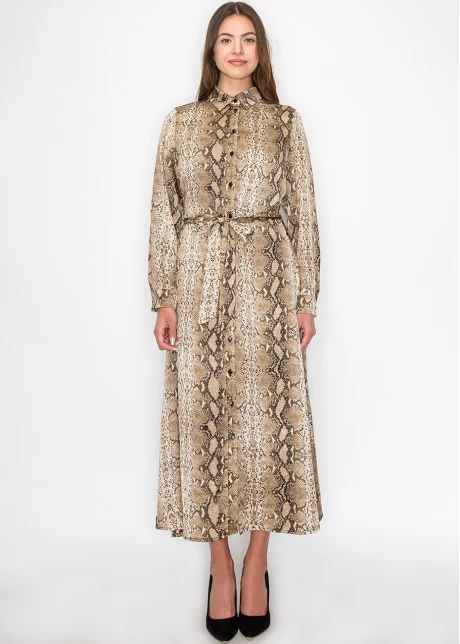 Brown Snake-Print Long Sleeve Dress