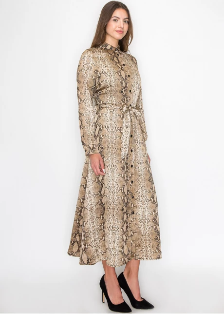 Brown Snake-Print Long Sleeve Dress