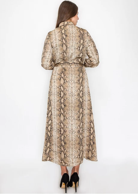 Brown Snake-Print Long Sleeve Dress