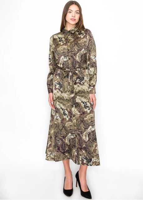 Abstract Olive Swirl Belted Dress