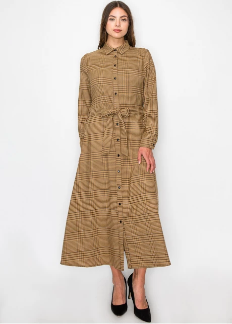 Camel Plaid Shirt Dress with Belt