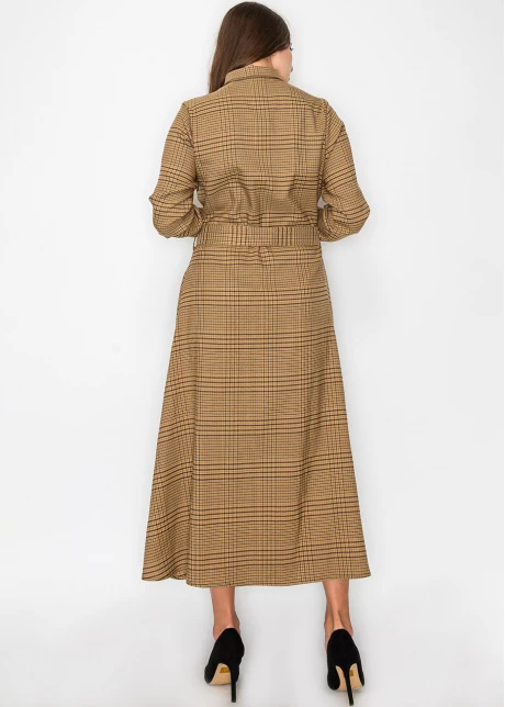 Camel Plaid Shirt Dress with Belt