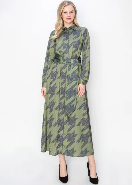 Abstract Olive Long-Sleeve Dress