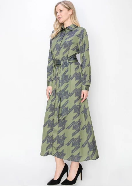 Abstract Olive Long-Sleeve Dress