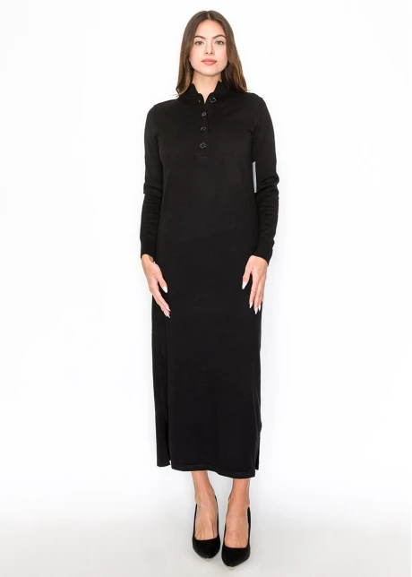 Black Knit Midi Dress with Button Detail