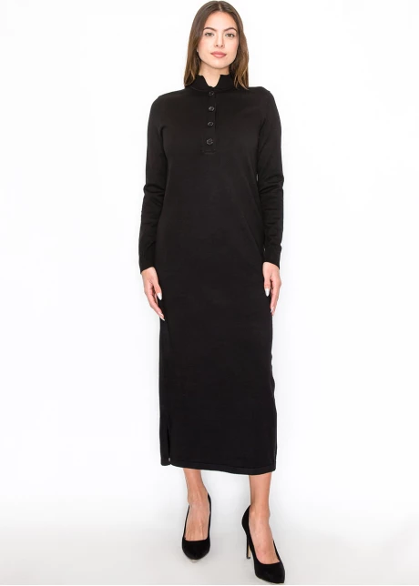 Black Knit Midi Dress with Button Detail