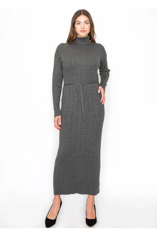 Long Grey Knit Dress with Belt