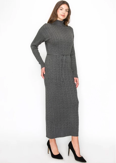 Long Grey Knit Dress with Belt