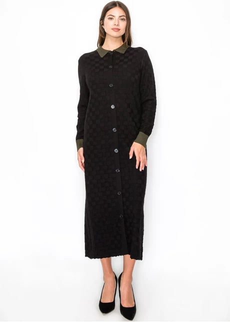 Black Knit Midi Dress with Olive Trim