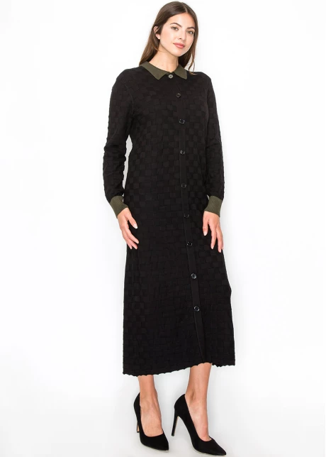 Black Knit Midi Dress with Olive Trim