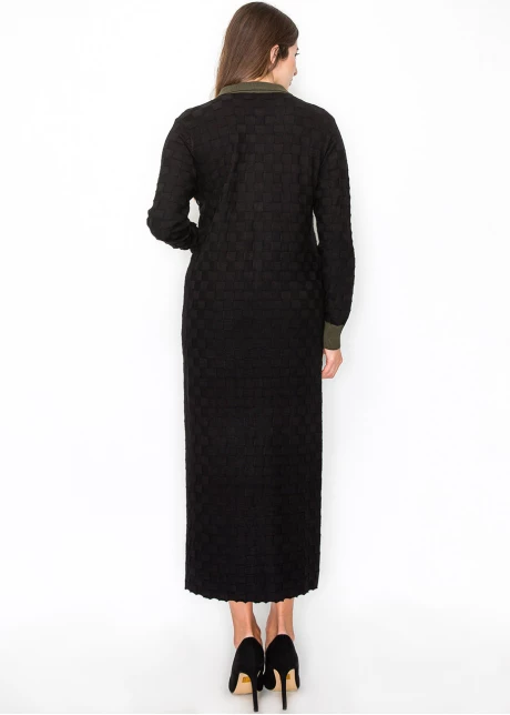 Black Knit Midi Dress with Olive Trim