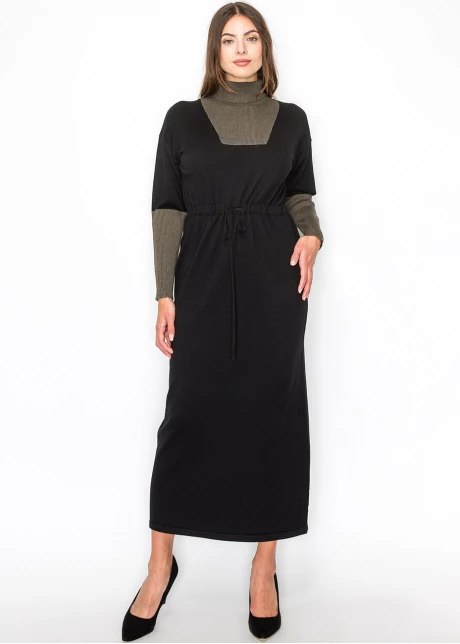Modern Black Dress with Olive Contrast Panels