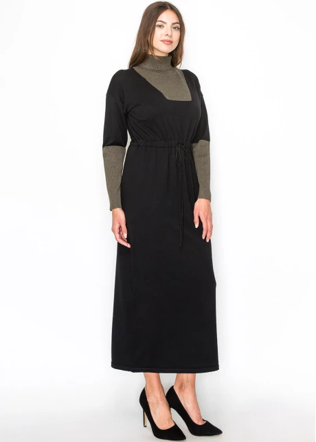 Modern Black Dress with Olive Contrast Panels