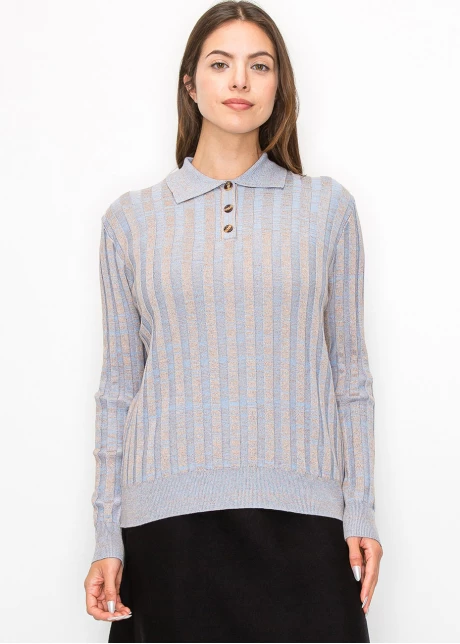 Blue Striped Knit Polo Sweater