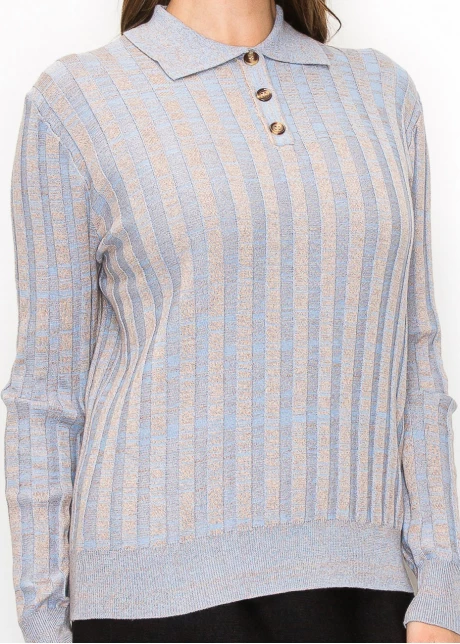 Blue Striped Knit Polo Sweater