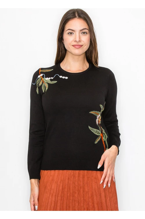 Classic Black Sweater with Colorful Embroidery