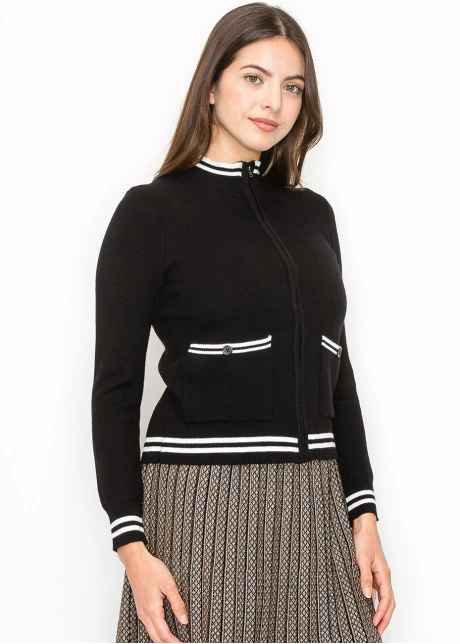 Zip-Up Black Cardigan with Striped Details