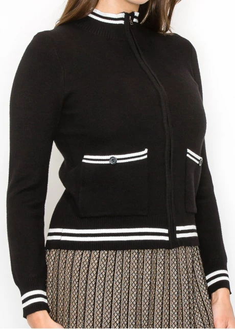 Zip-Up Black Cardigan with Striped Details