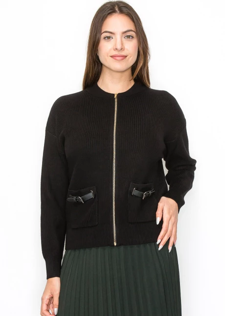 Black Zip Cardigan with Pocket Detail