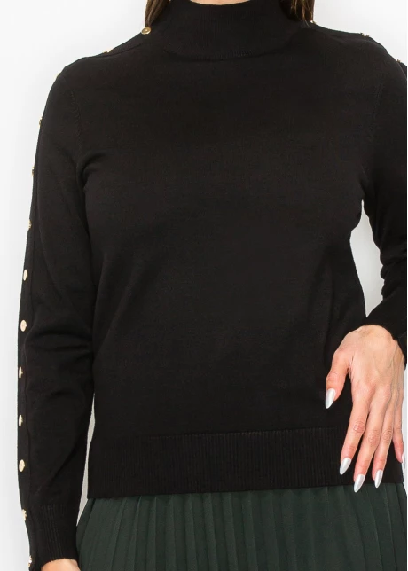 Black Buttoned Sleeve Mock Neck Top