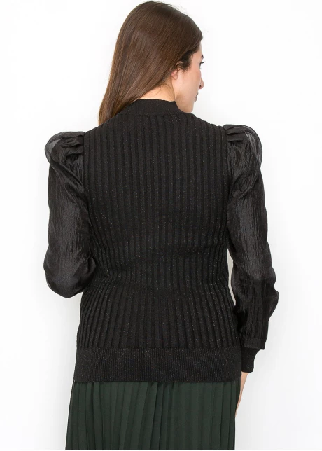 Black Ribbed Sweater with Puff Sleeves