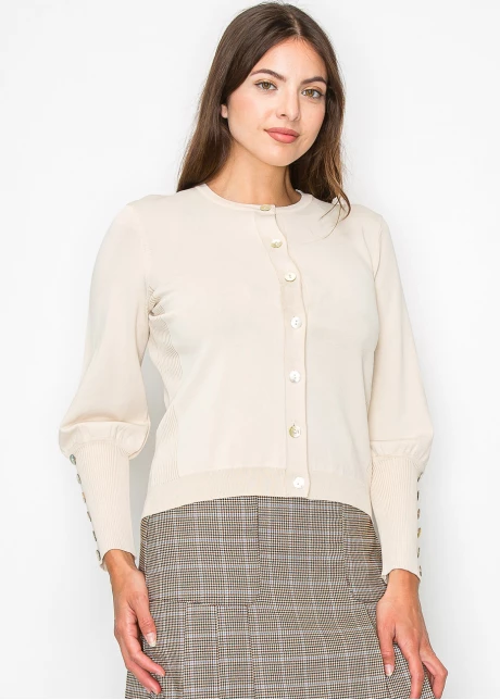 Cream Buttoned Sleeve Knit Cardigan