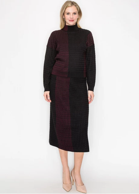 Burgundy and Black Colorblock Cable Knit Sweater