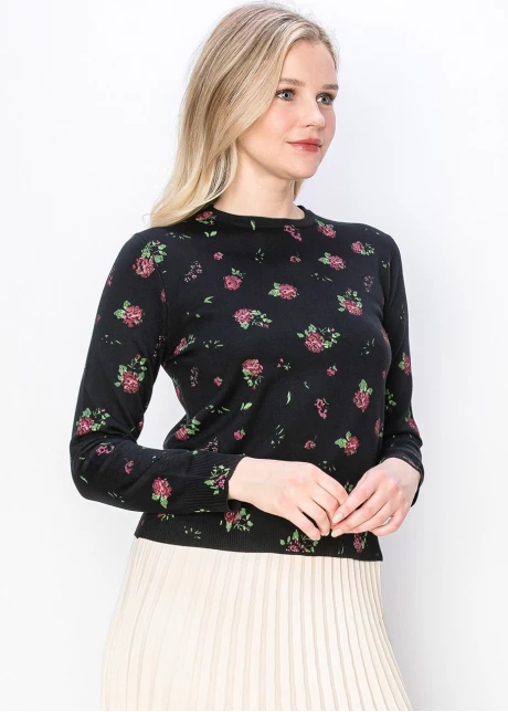 Pink Rose-Patterned Black Sweater