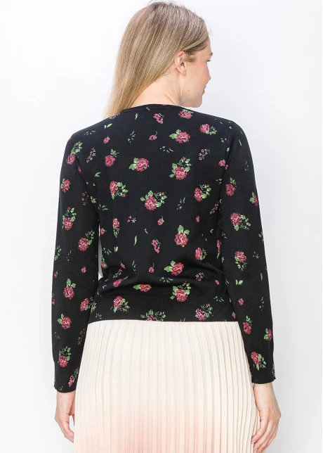 Pink Rose-Patterned Black Sweater