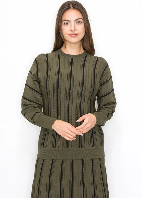 Olive Knit Sweater with Vertical Stripes