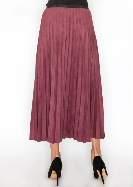 Elegant Burgundy Suede Pleat Midi Skirt