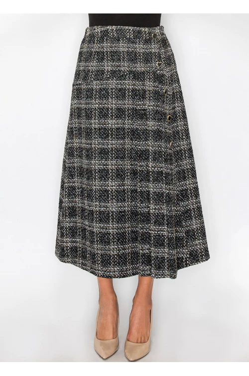 Black Tweed Plaid Midi Skirt