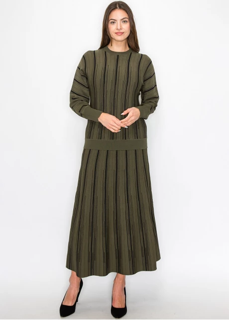 Olive Knit Sweater with Vertical Stripes