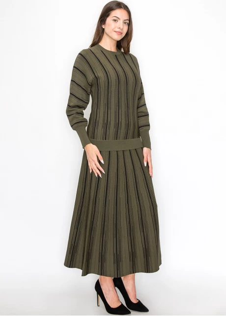 Olive Knit Sweater with Vertical Stripes